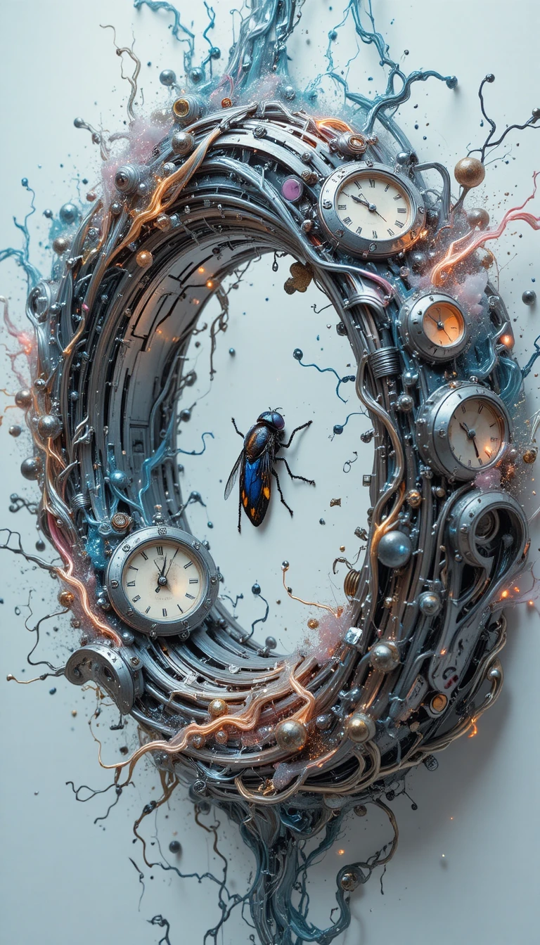 Neo futurist metallic clock ring in surreal abstract space