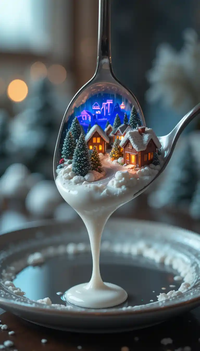 Surreal Neon Winter Village Encased In A Shiny Spoon