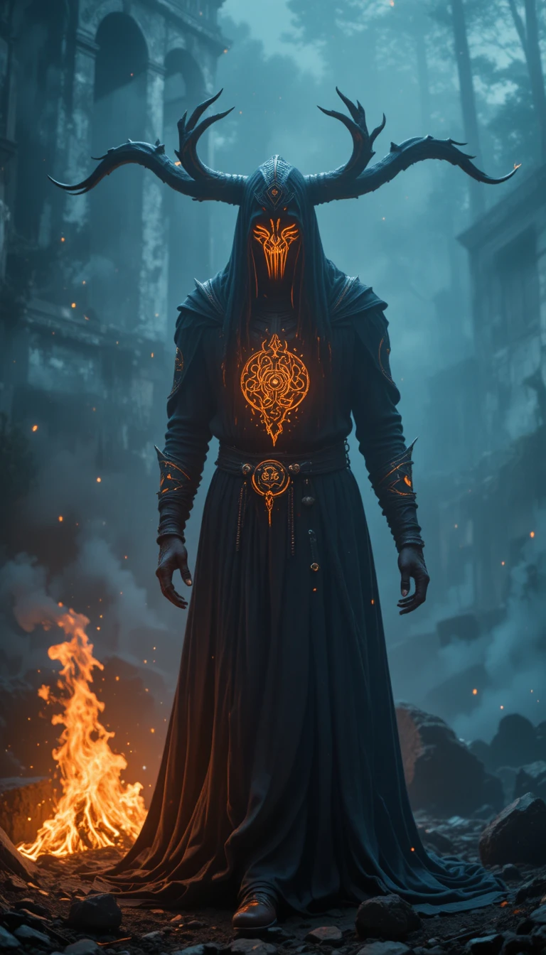 Glowing Slavic runes channeling fire in a dark ritual scene