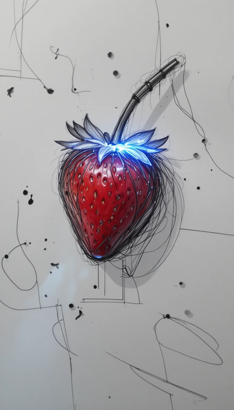 Dibujo lineal minimalista de una fresa tocando unos labios brillantes