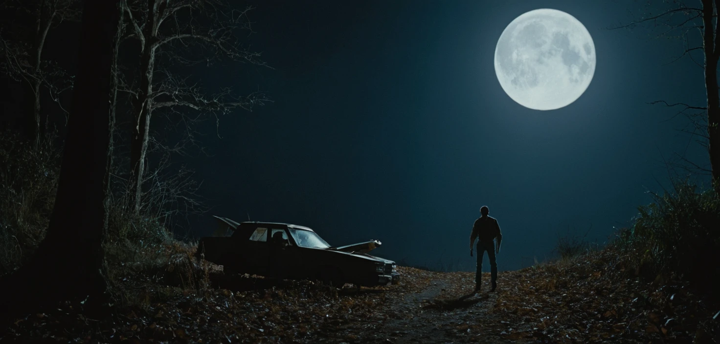 Cinematic wide night scene lit by a dramatic moon backlight