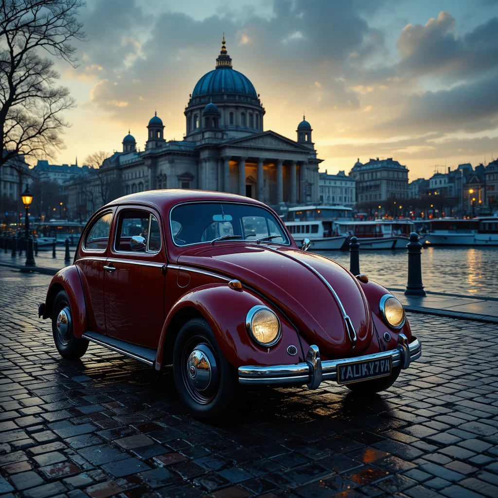 Coche rojo vintage en calle mojada junto al río en Berlín al atardecer