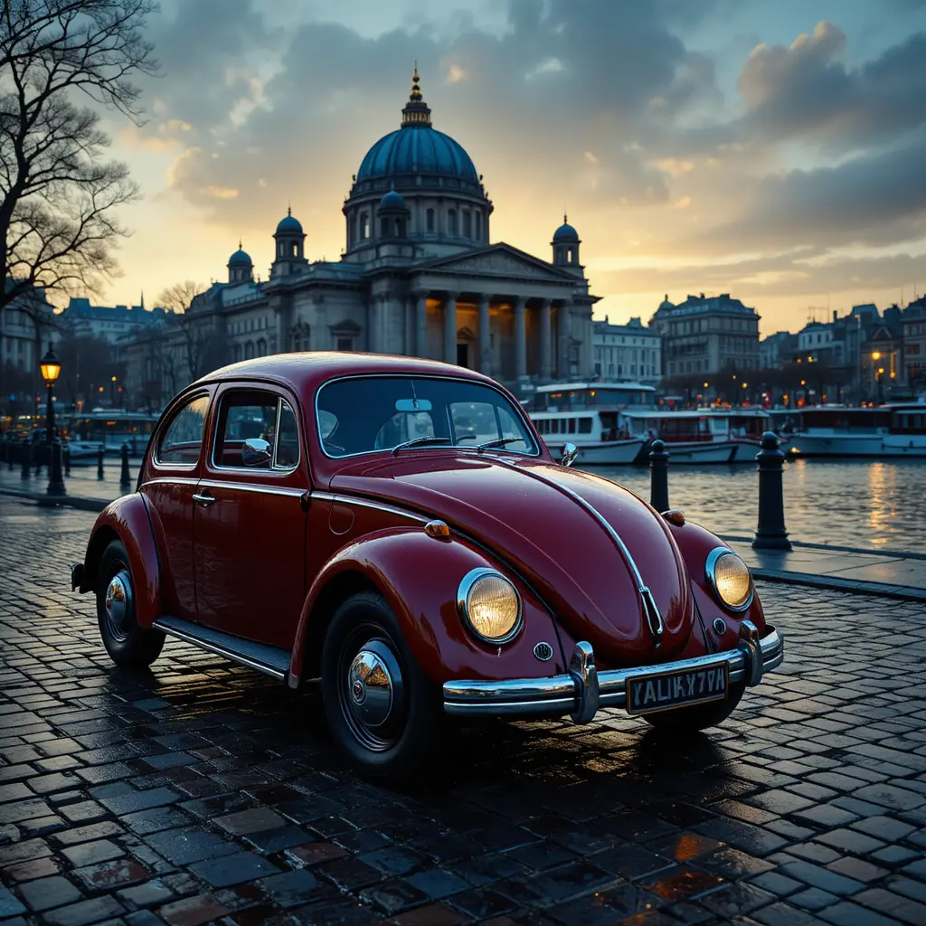 Red vintage car on wet Berlin riverside street at dusk