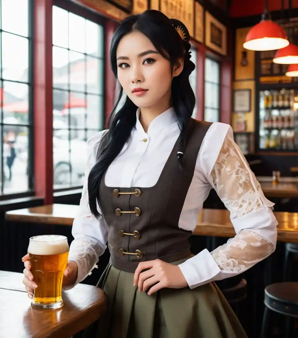 Vietnamese waitress in steampunk dirndl at cozy beer pub