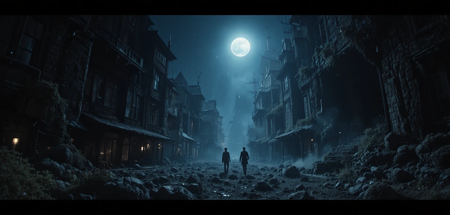 Cinematic wide night scene backlit by a dramatic full moon