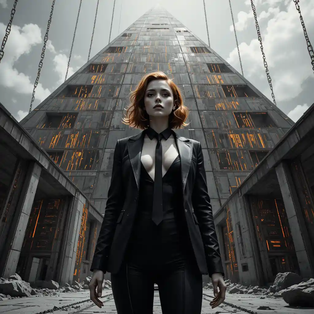 Cyber noir portrait of a woman at a data pyramid