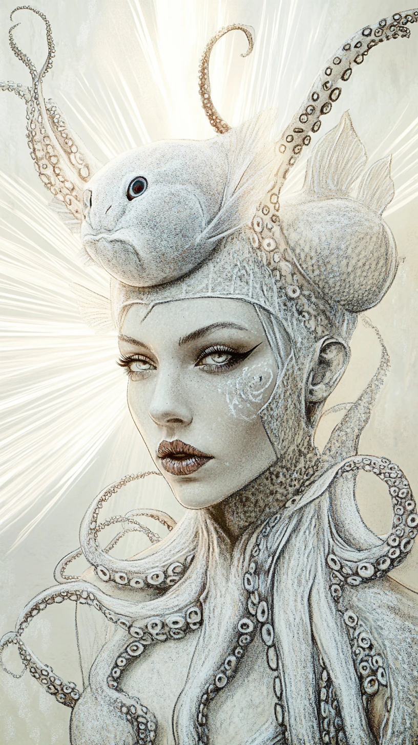 Chalk portrait of a mysterious femme fatale in sea creature couture