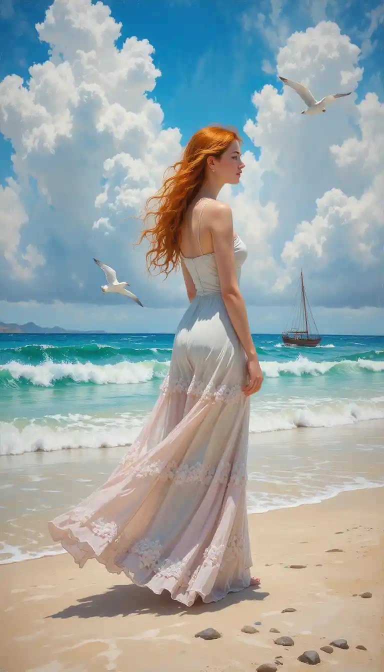 Red haired woman on a windy Caribbean beach