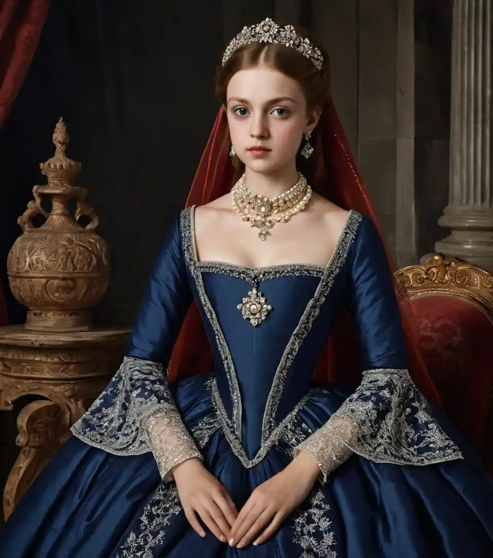 Vampire duchess in indigo gown with silver embroidery