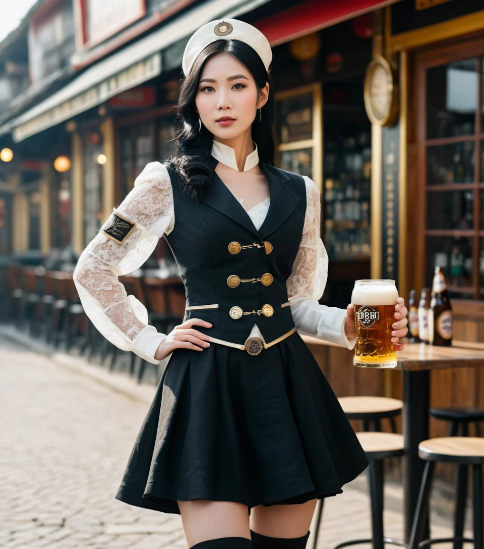 Vietnamesische Frau im Steampunk-Kellnerinnenkleid in Bar-Innenraum