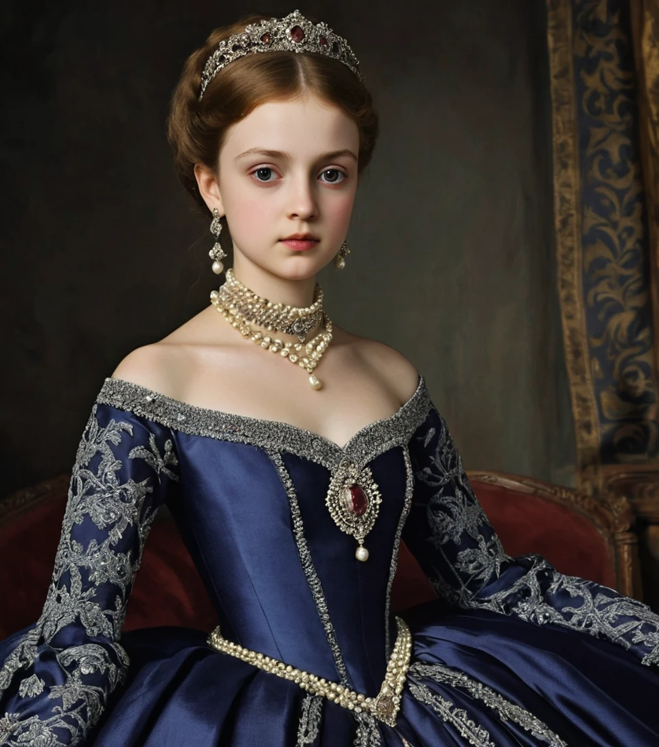 Duchess portrait in indigo gown with silver embroidery