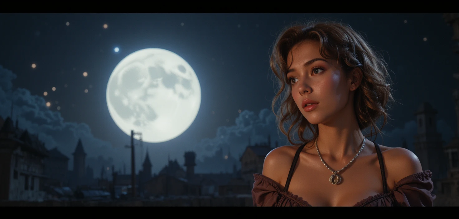 Close dramático de uma mulher sob o brilho intenso da lua