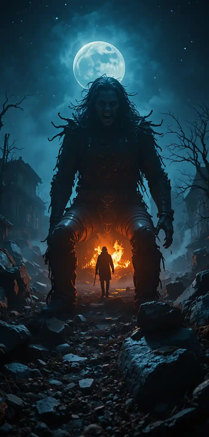 Cinematic wide shot of a werewolf in a moonlit forest