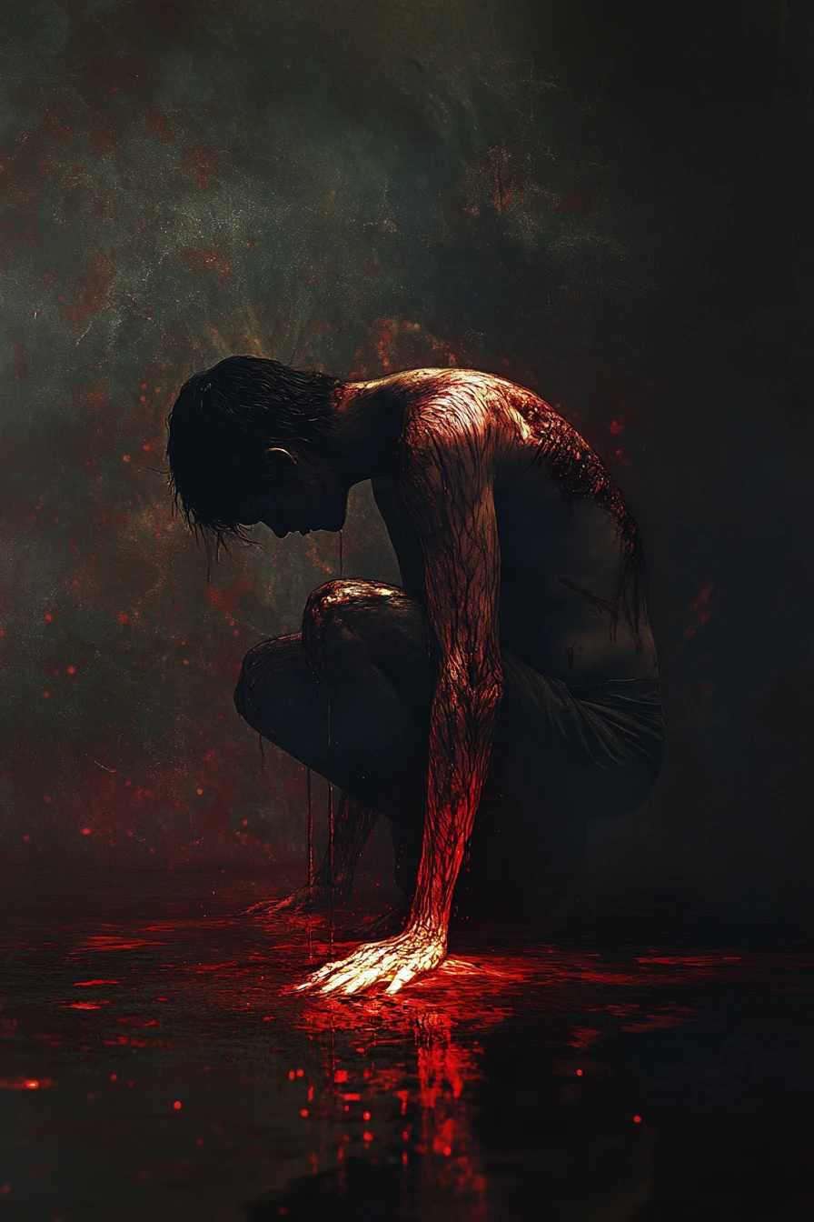 Tormented woman glowing as she falls into darkness