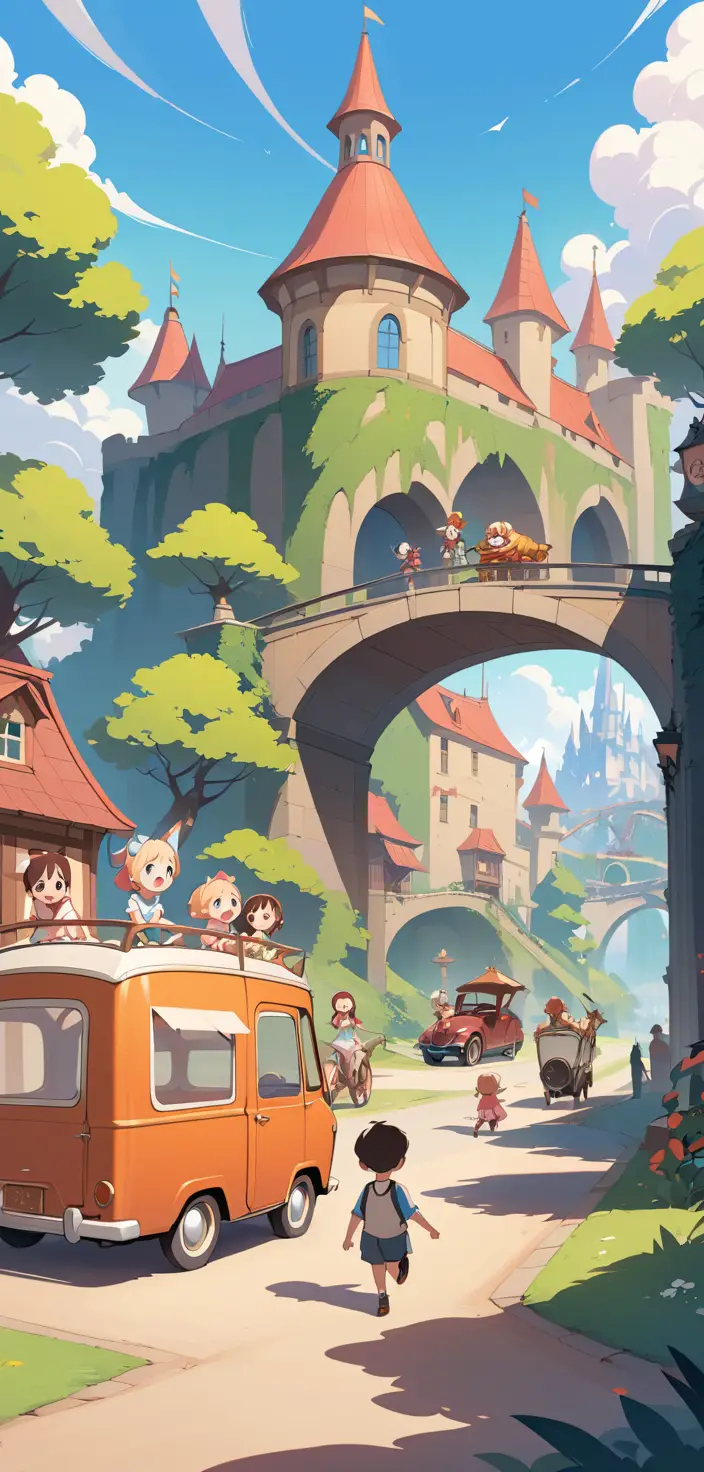 Familias felices en un colorido parque de atracciones – ilustración