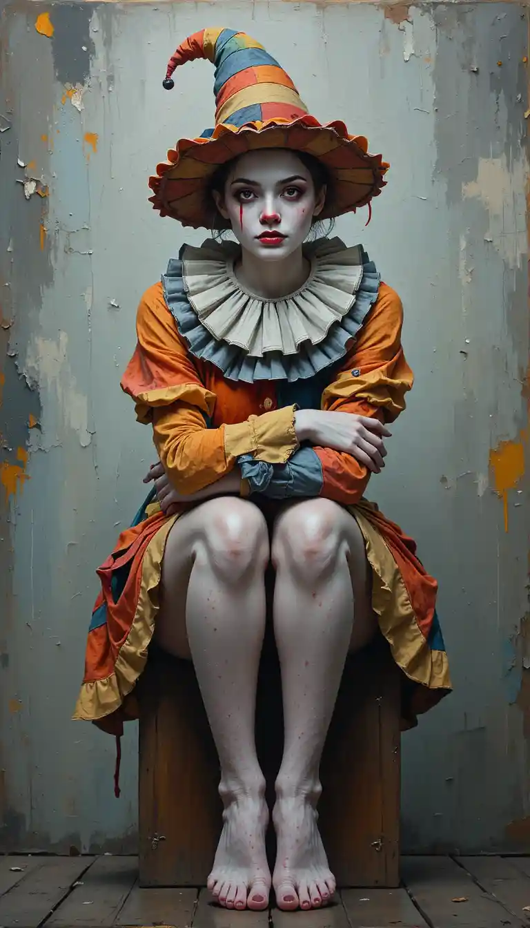 Impasto painting of a seated clown woman in quiet reflection