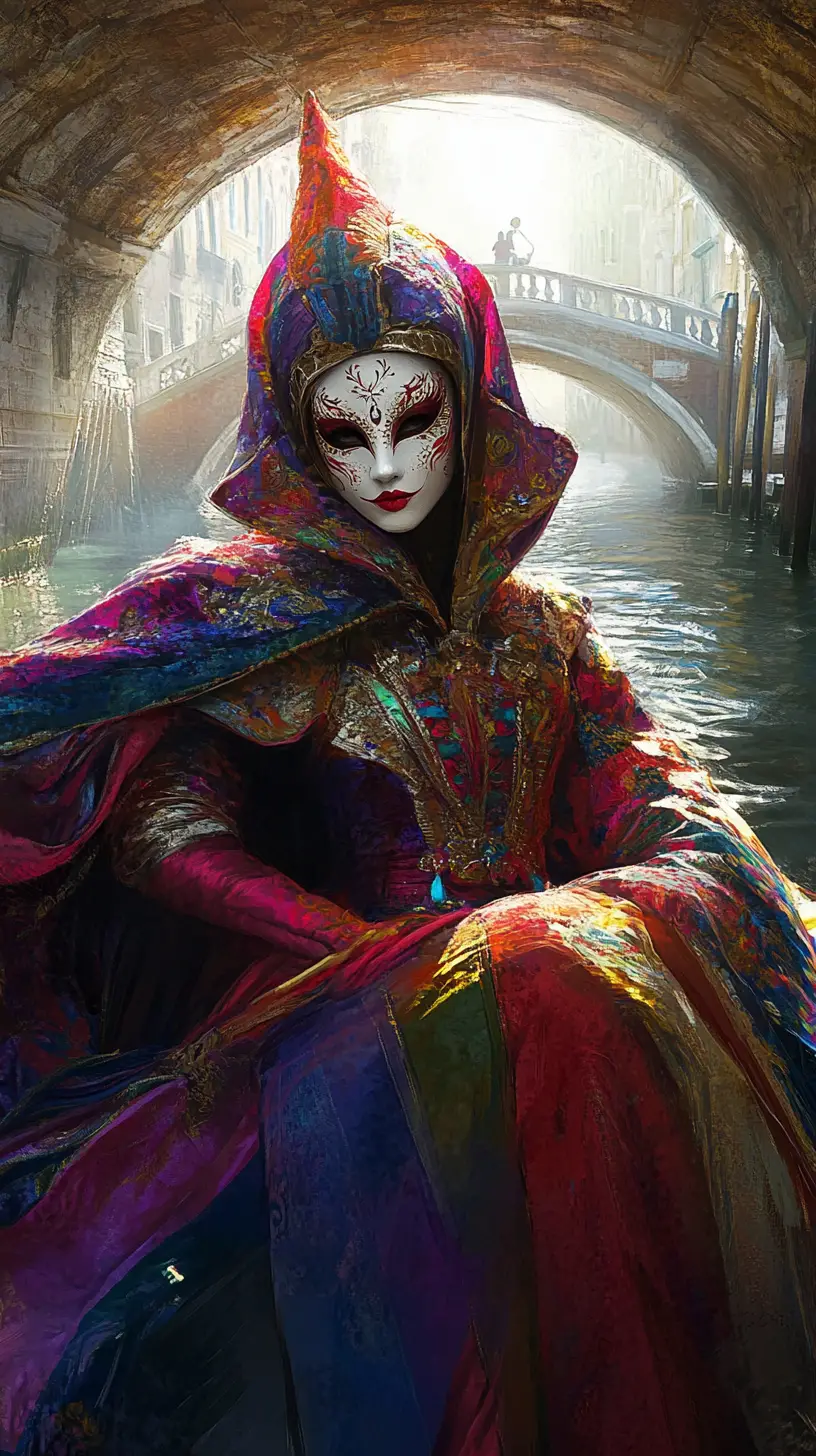 Masked figure in a gondola passing under a Venetian bridge