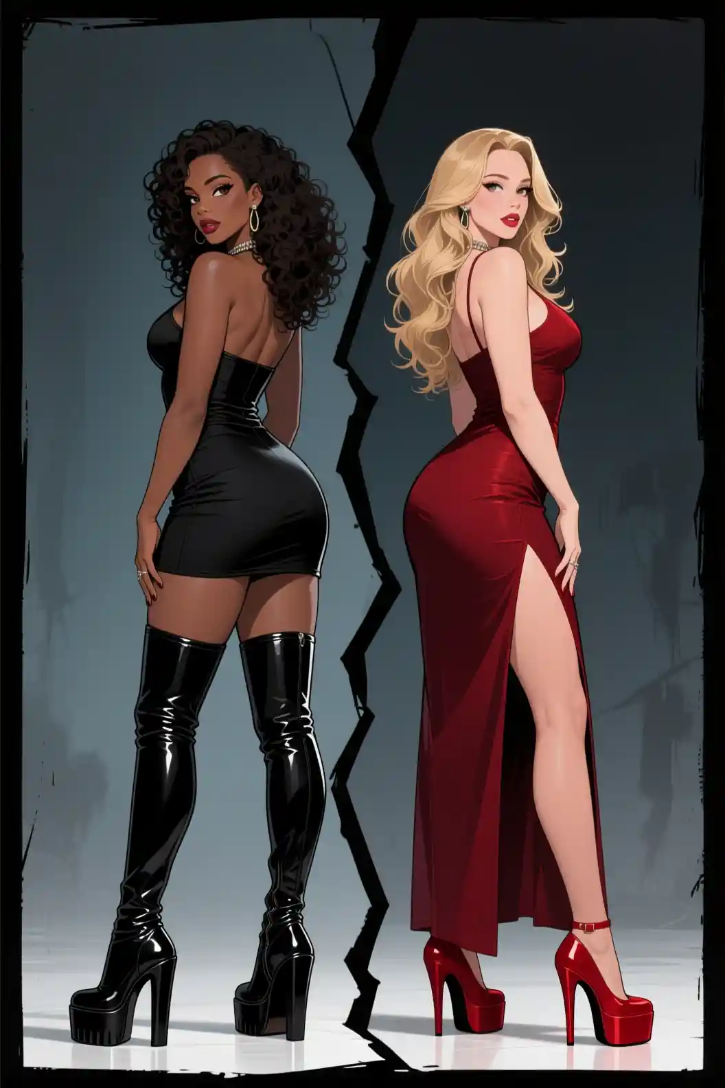Two contrasting anime women standing back to back