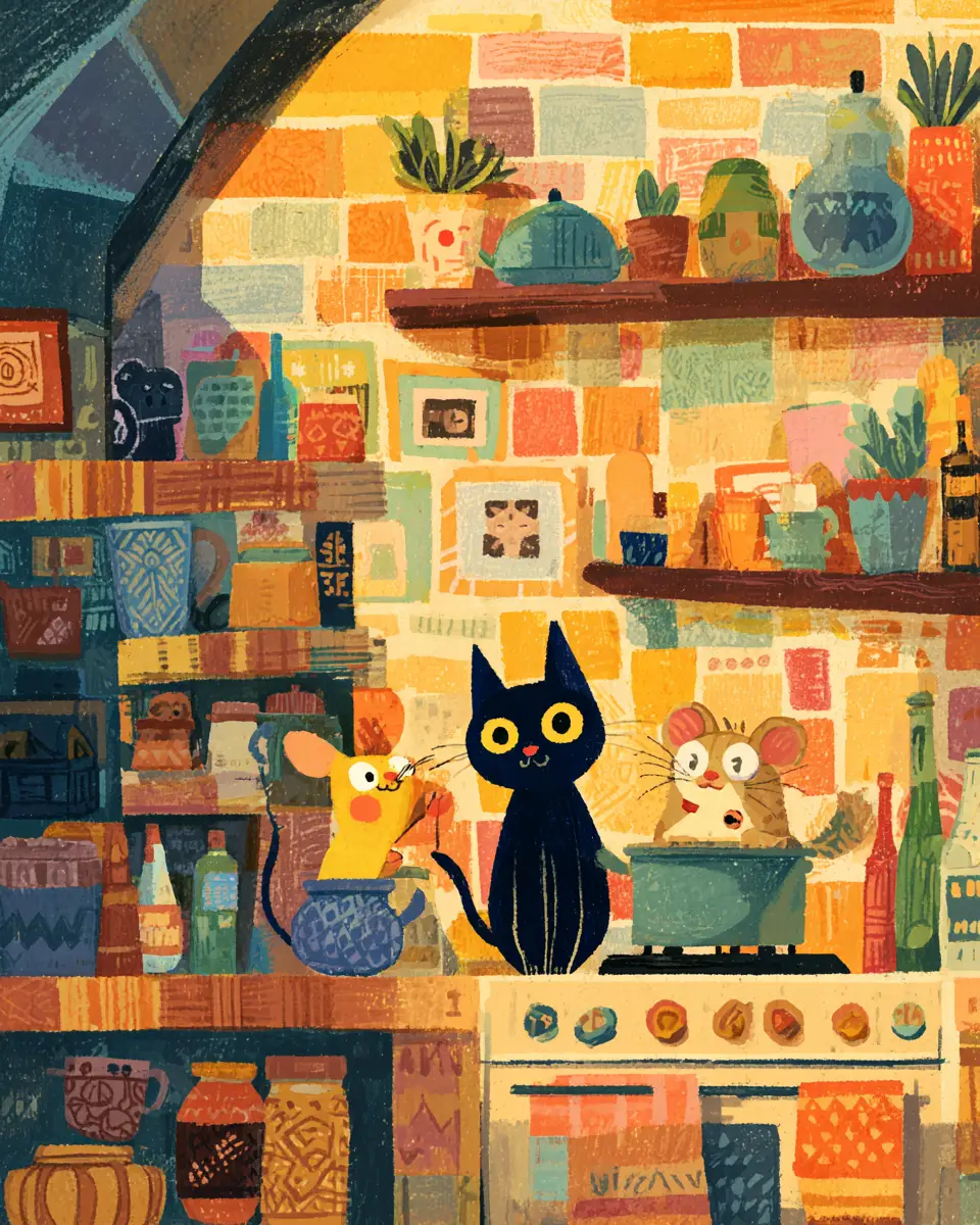 Cute cat and mouse cooking together in cozy folk art