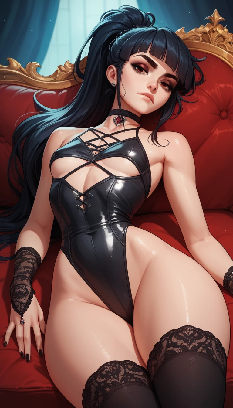 Tall anime woman in dark leotard on royal couch