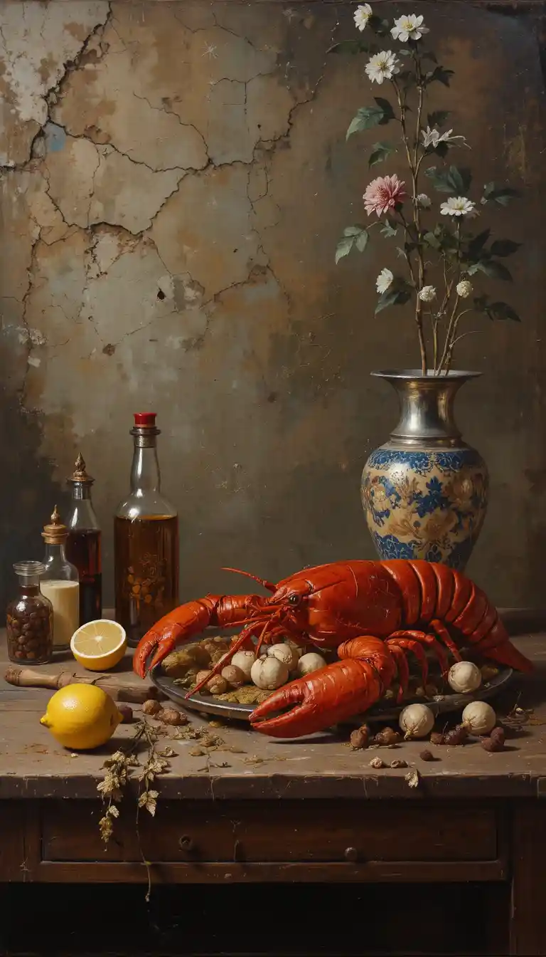 Classic oil still life with red crayfish and silver vase