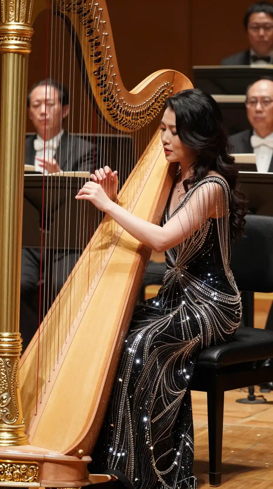黄金のコンサートホールの舞台で演奏する魅惑的なハーピスト