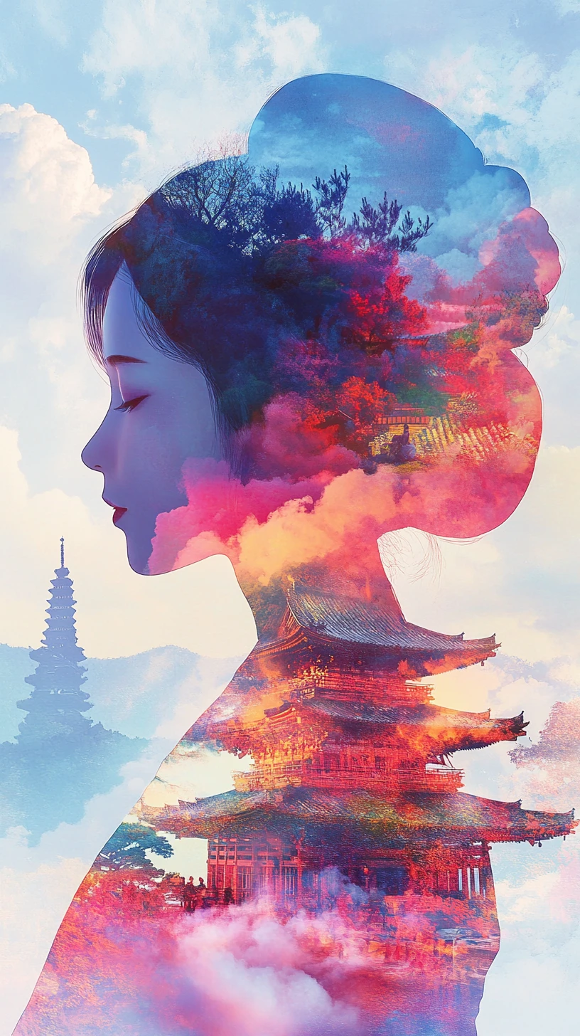 Geisha surreale in doppia esposizione in un vivace giardino da sogno