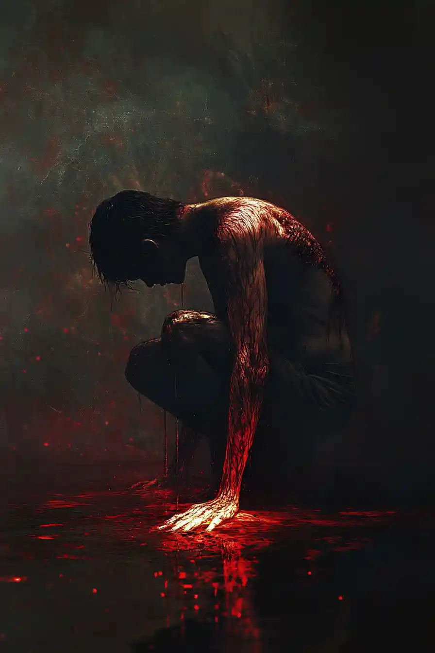 Tormented woman glowing as she falls into darkness