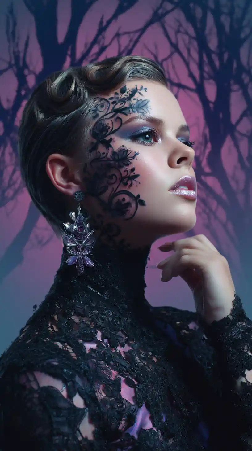 Organic glam beauty portrait with glossy filigree details