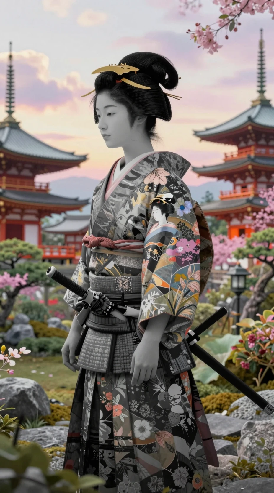 Samurai im Profil in Graustufen mit Geisha-Doppelbelichtung