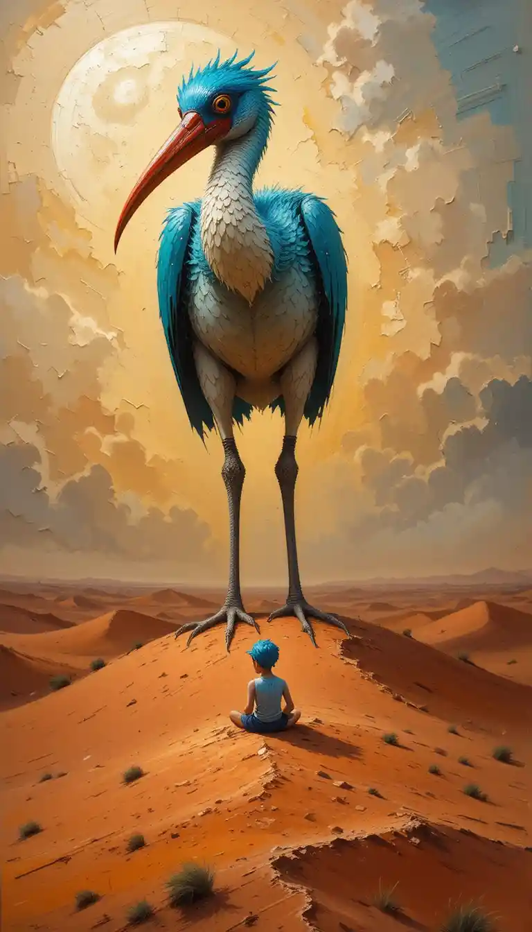 Ragazzo e gigantesco uccello ibis su dune arancioni del deserto illuminate dal sole