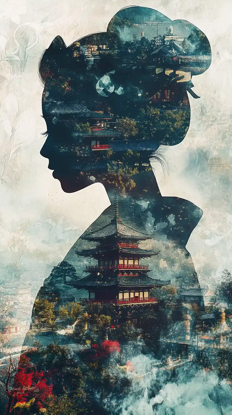 Stilles Geisha‑Profil mit surrealer Doppelbelichtung eines Shogun