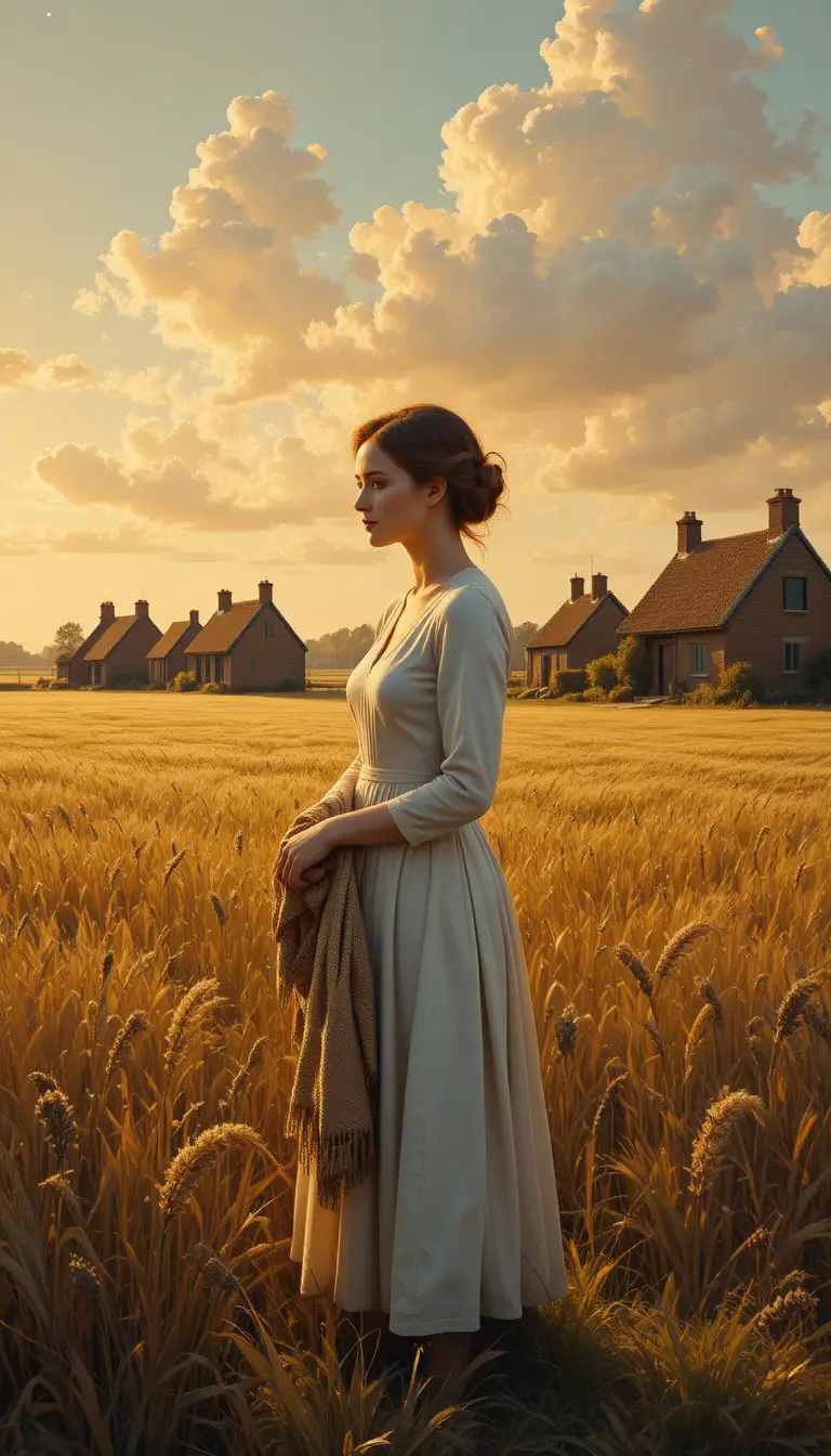 Young Dutch woman in a sunlit village field