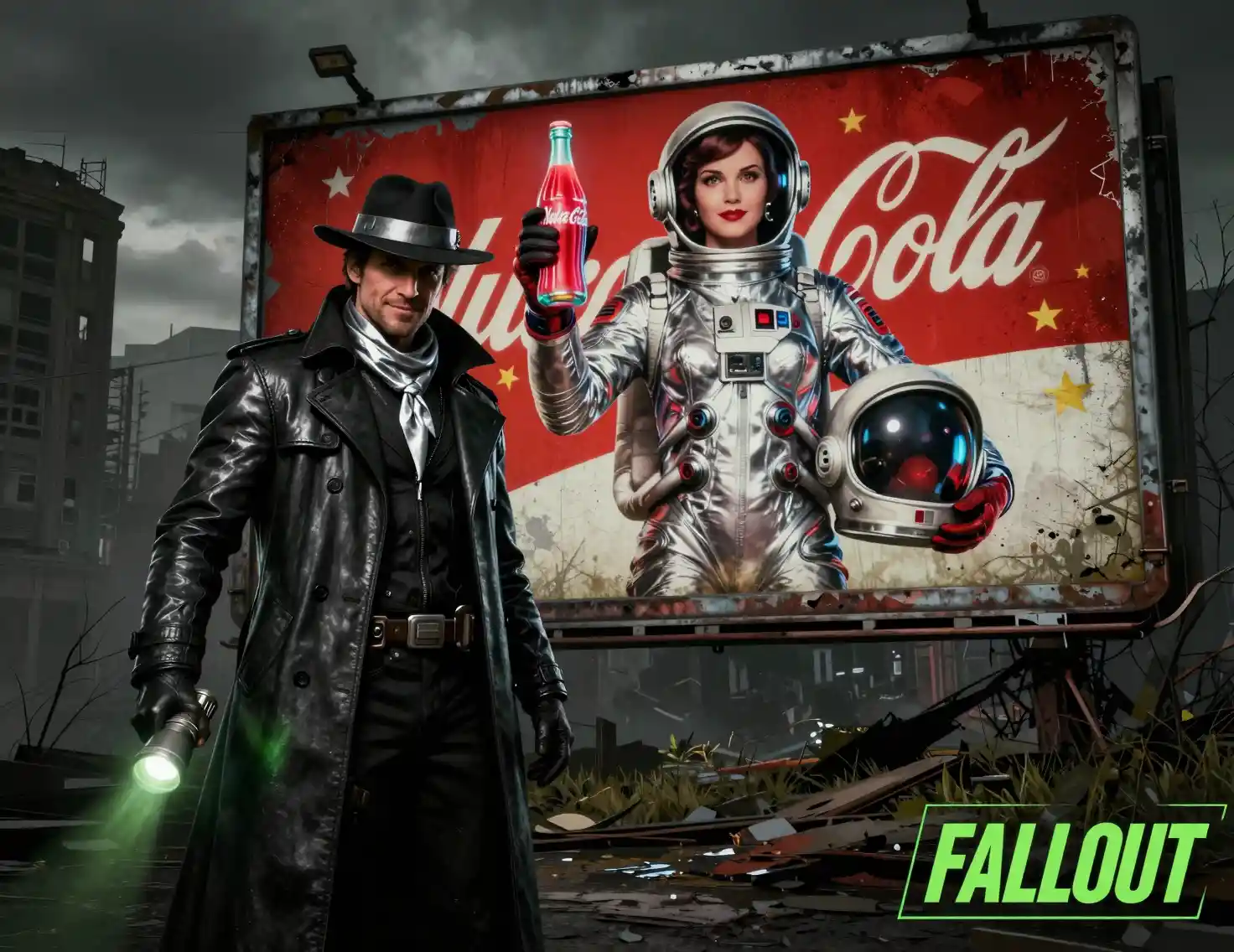 Sci fi detective by glowing billboard in ruined city street
