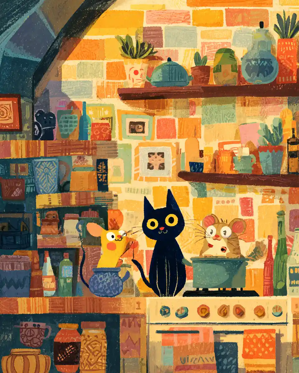 Cute cat and mouse cooking together in cozy folk art