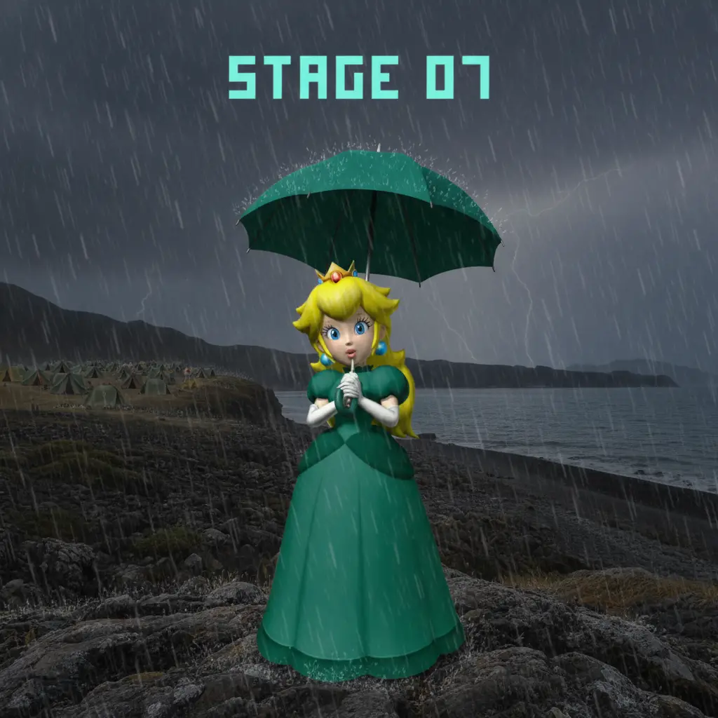 Princess on a rocky shoreline holding a teal parasol