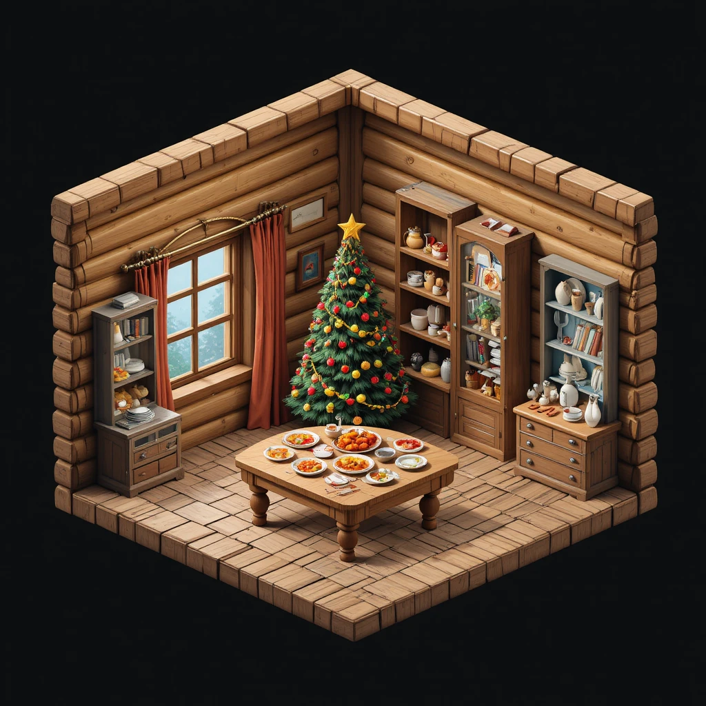 Gemütliches Blockhauszimmer mit Weihnachtsbaum und Esstisch