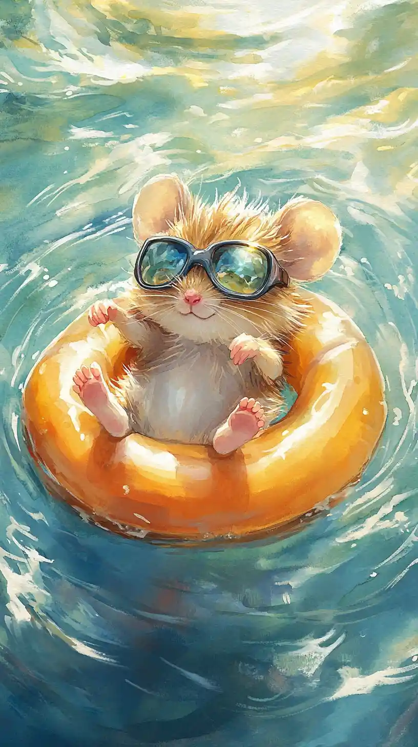 Cute mouse floating on swim ring in sunny watercolor sea