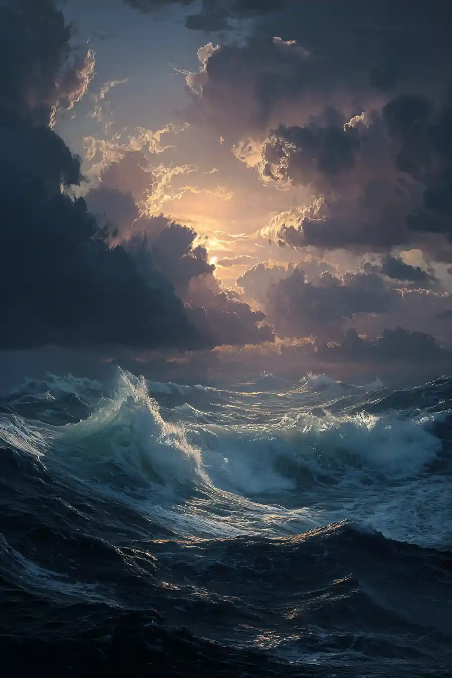 Pôr do sol sobre ondas dramáticas do oceano com horizonte distante
