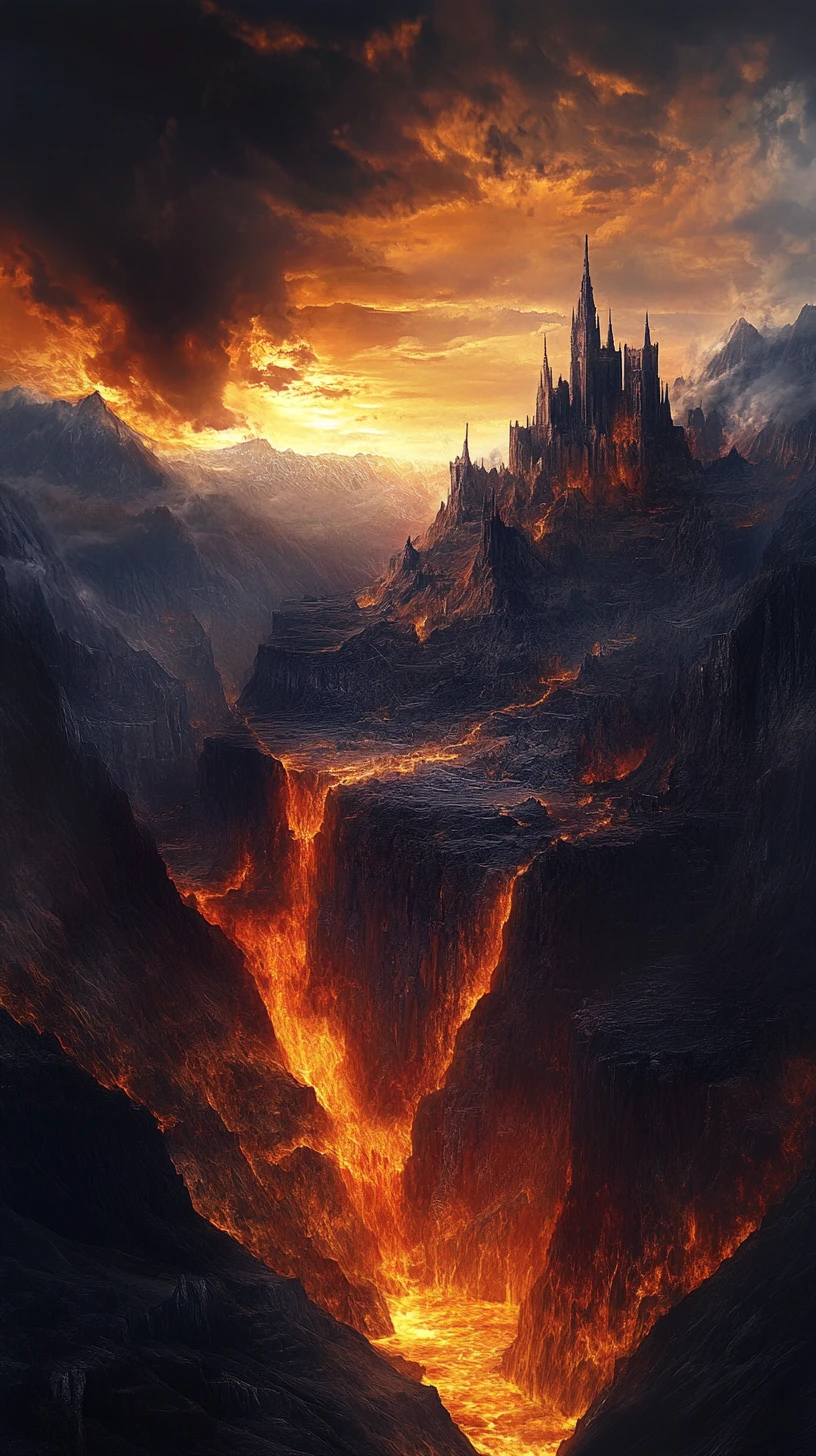 Castello Fatiscente tra Montagne di Fuoco al Crepuscolo