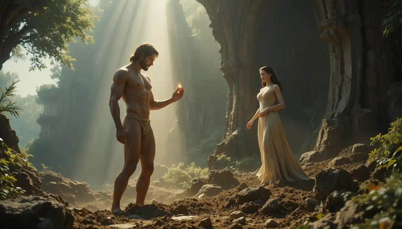God shaping the first man from earth in Eden light