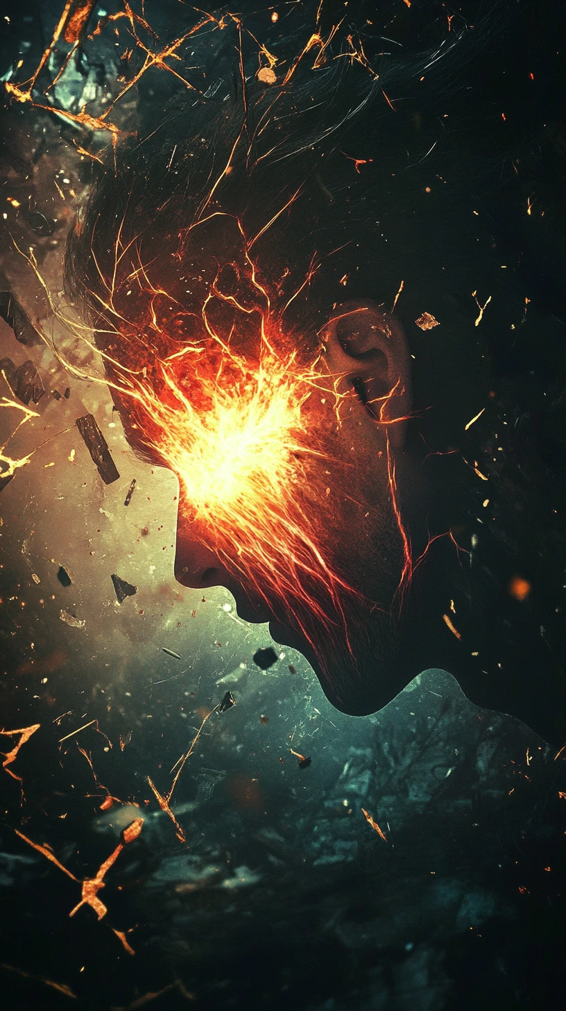 Tormented woman burning with borrowed light in darkness