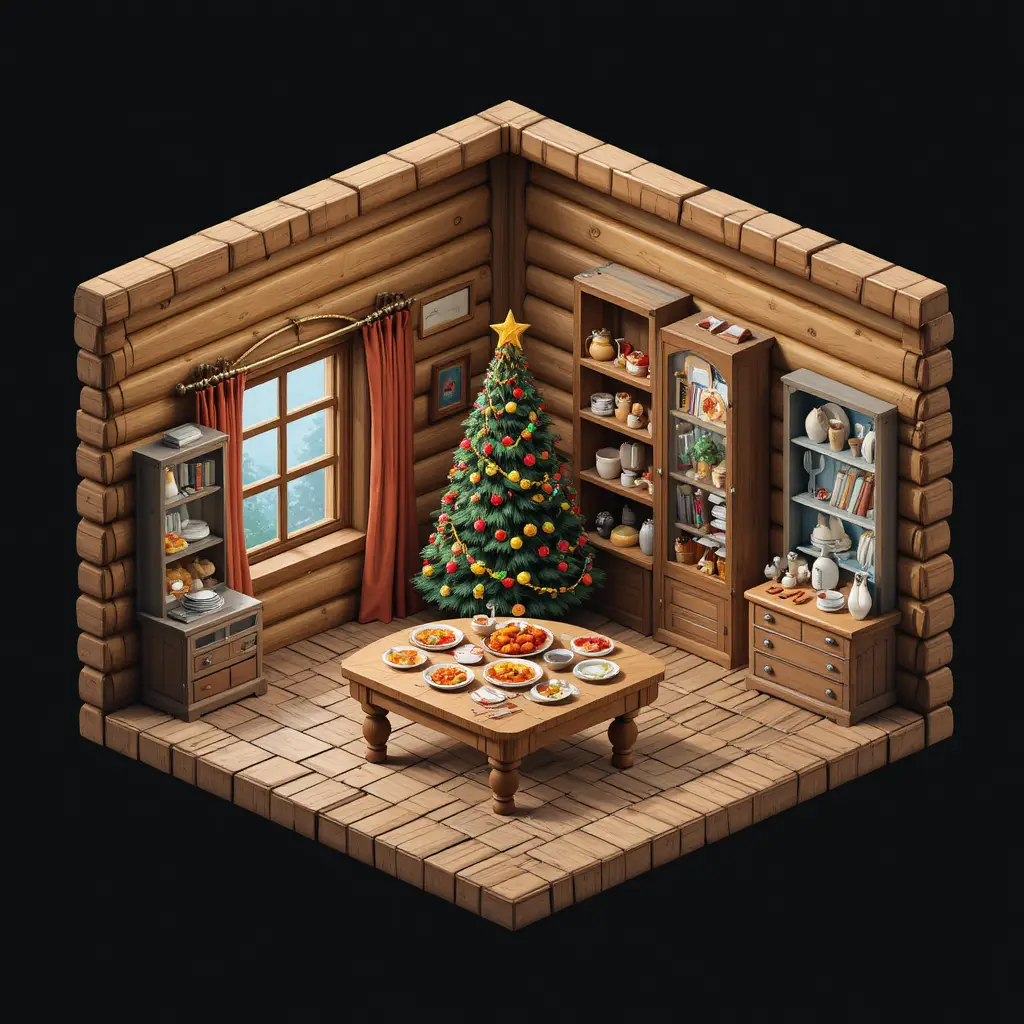 Gemütliches Blockhauszimmer mit Weihnachtsbaum und Esstisch