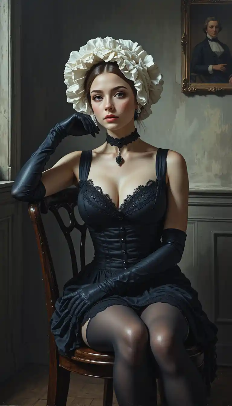Mulher gótica de espartilho sentada em um quarto vintage