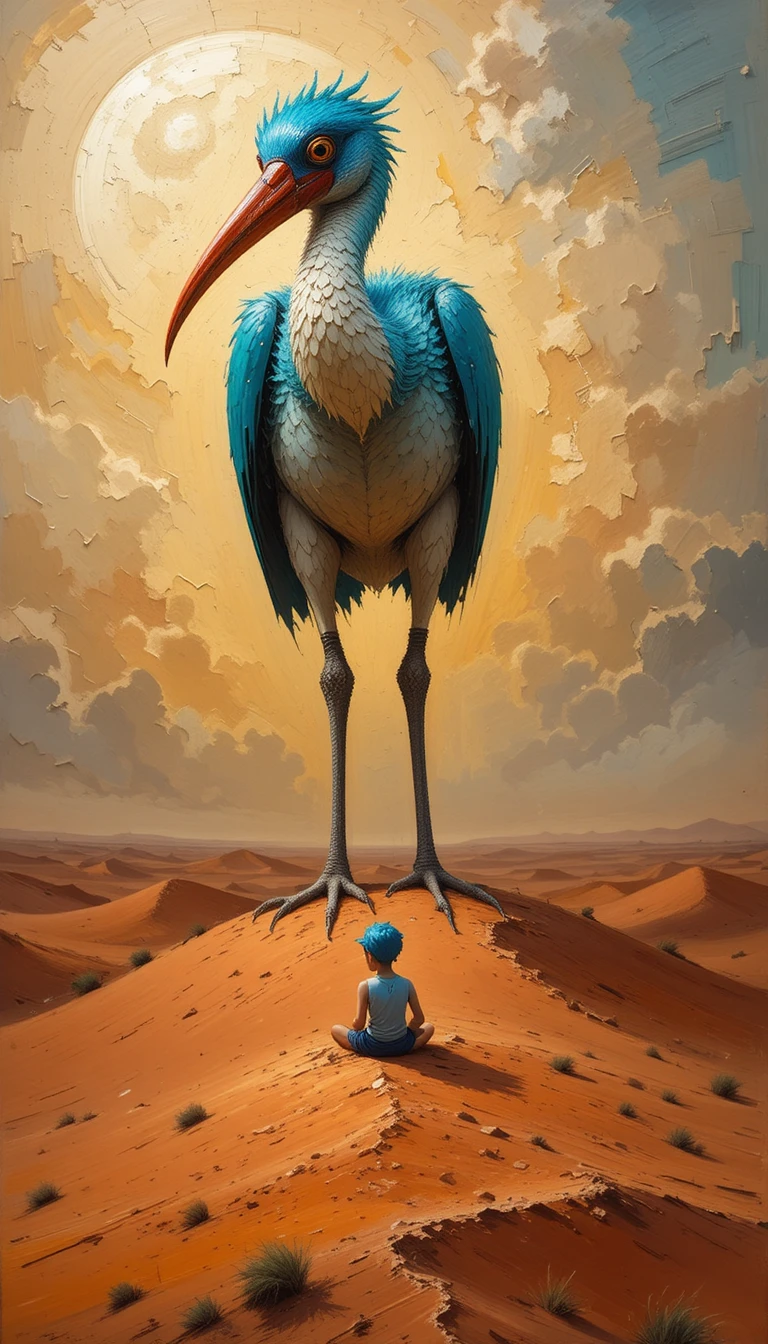 Boy And Giant Ibis Bird On Sunlit Orange Desert Dunes