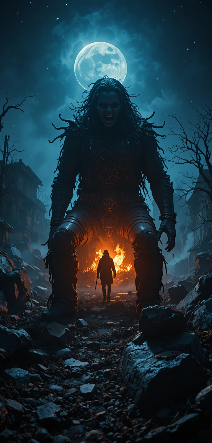 Cinematic wide shot of a werewolf in a moonlit forest