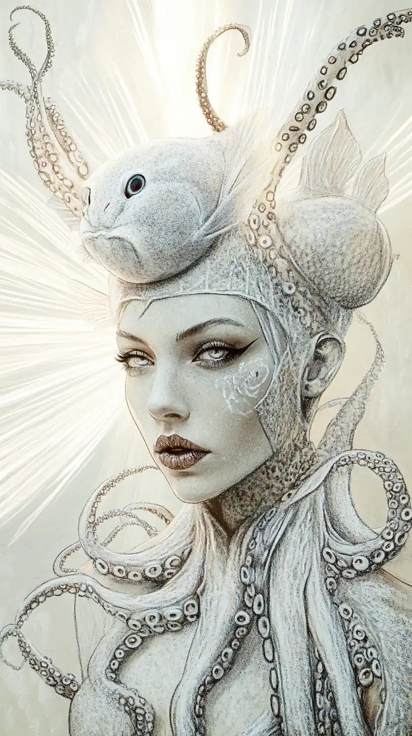 Chalk portrait of a mysterious femme fatale in sea creature couture