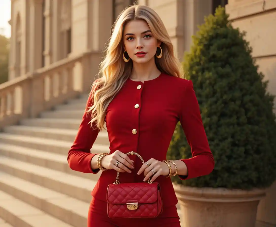 Elegant blonde woman in red suit on city steps