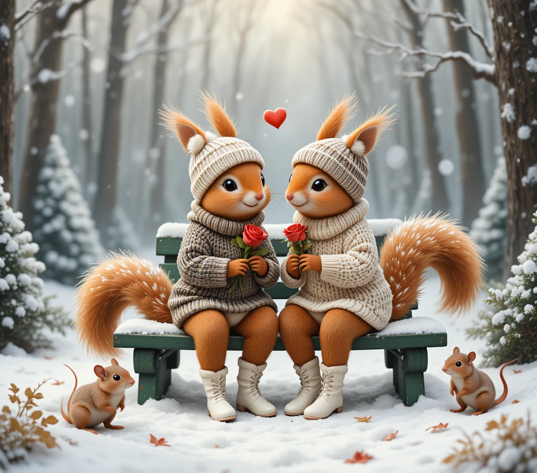 Ardillas románticas en un banco del bosque nevado en invierno