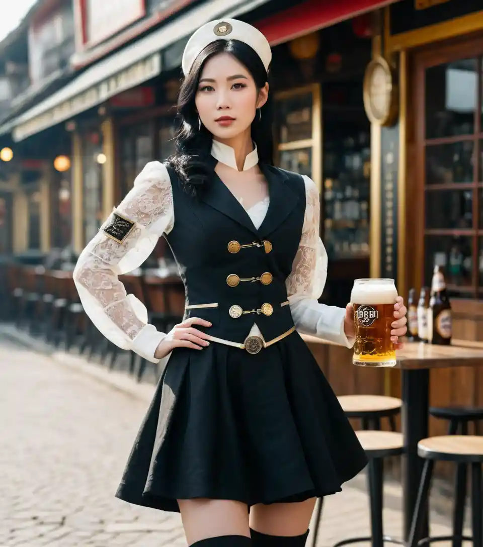 Femme vietnamienne en tenue de serveuse steampunk dans un bar